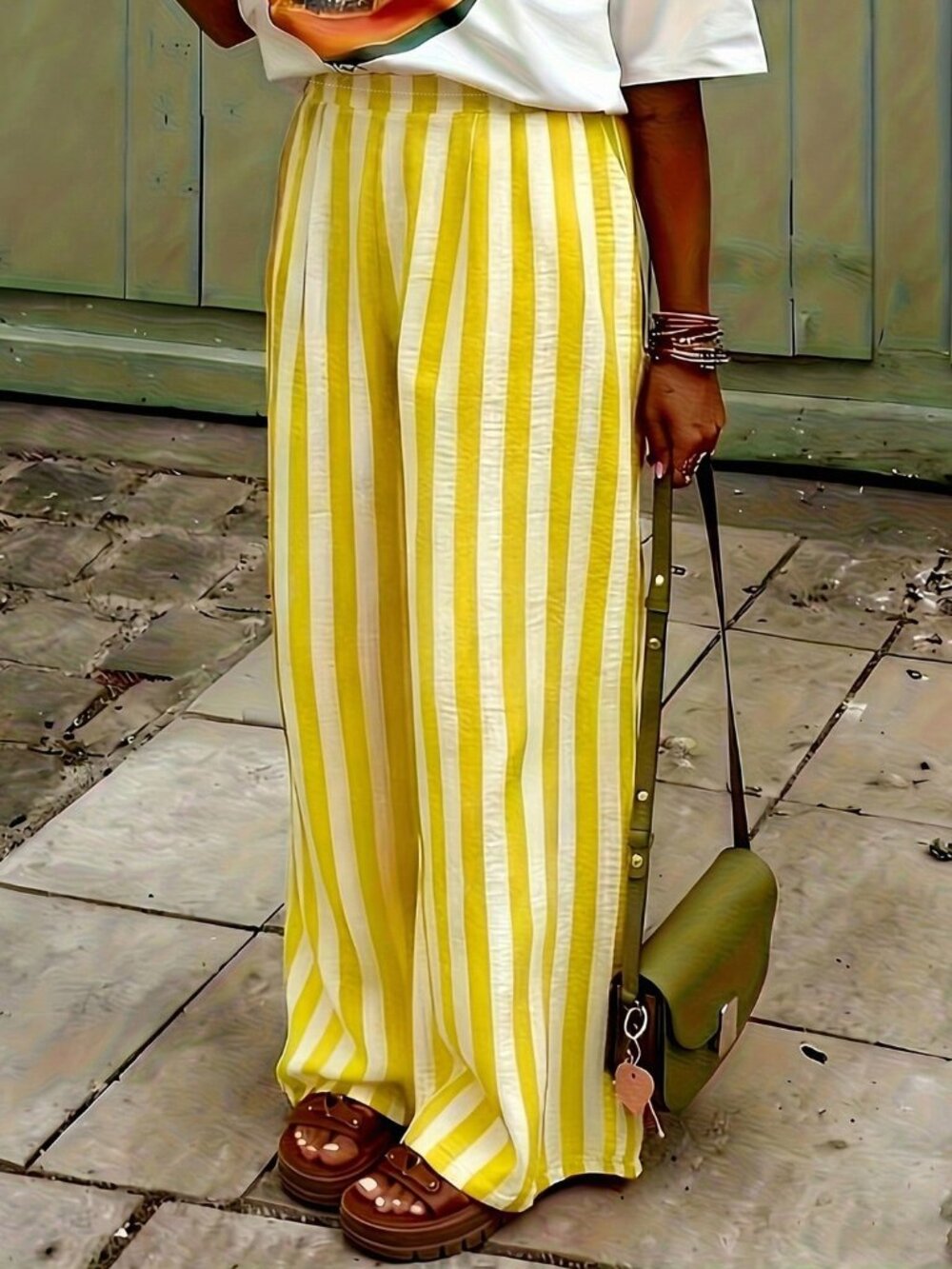 Yellow Casual Women's Striped Woven Wide Leg Beach Pants
